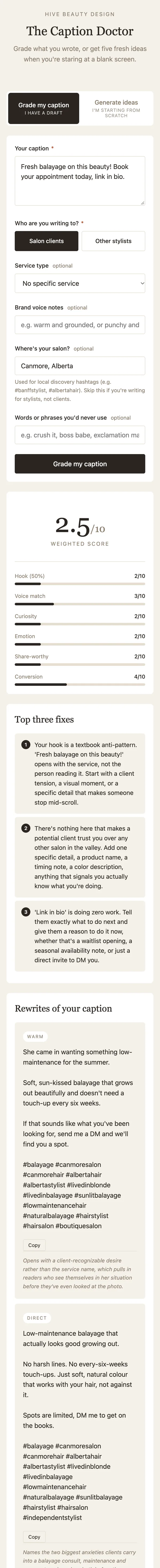 Caption Doctor on a phone: a caption pasted in, a score of 2.5 out of 10, the top three fixes and two rewrites