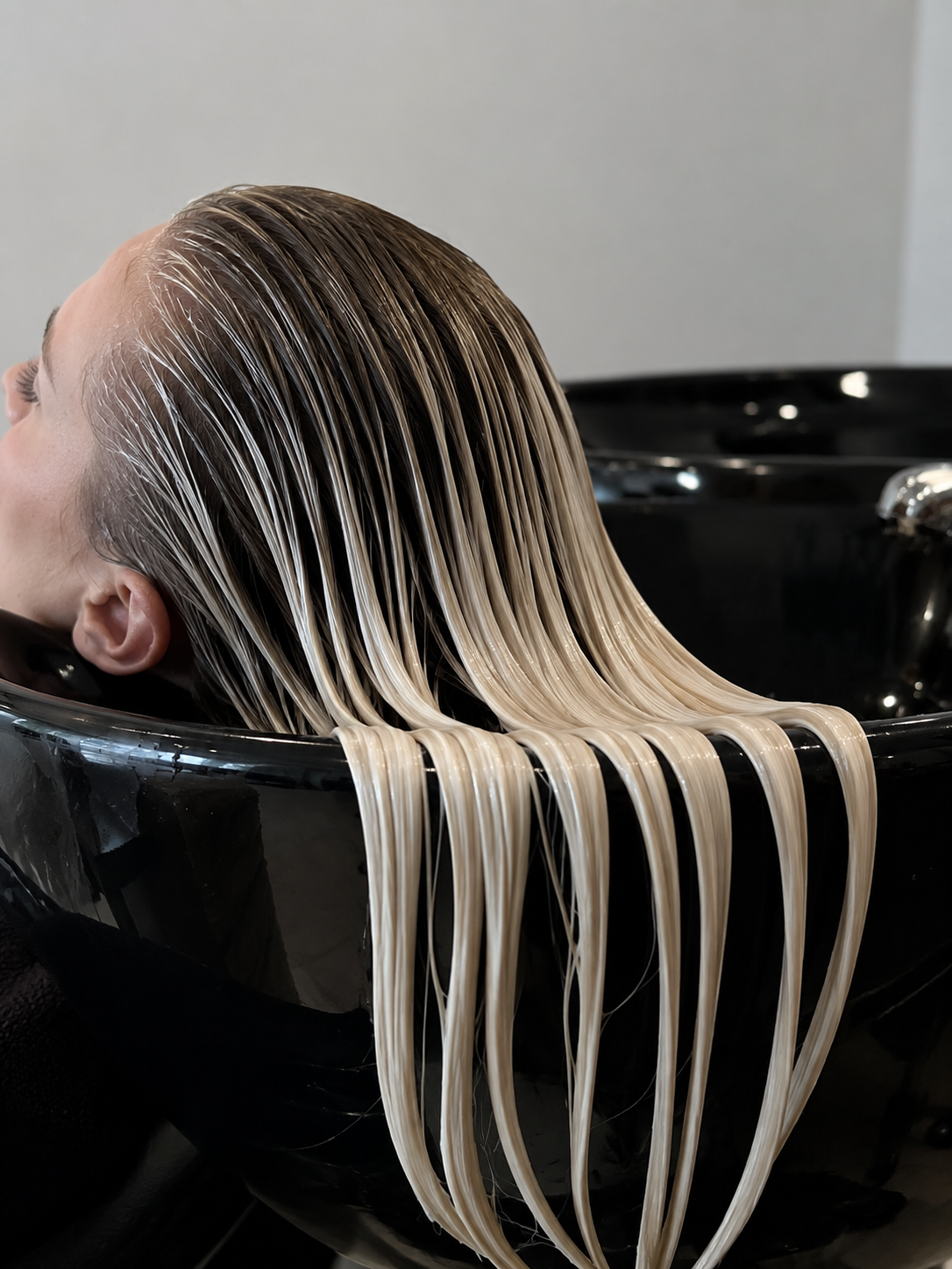 Blonde hair fanned across a black salon wash sink during a treatment